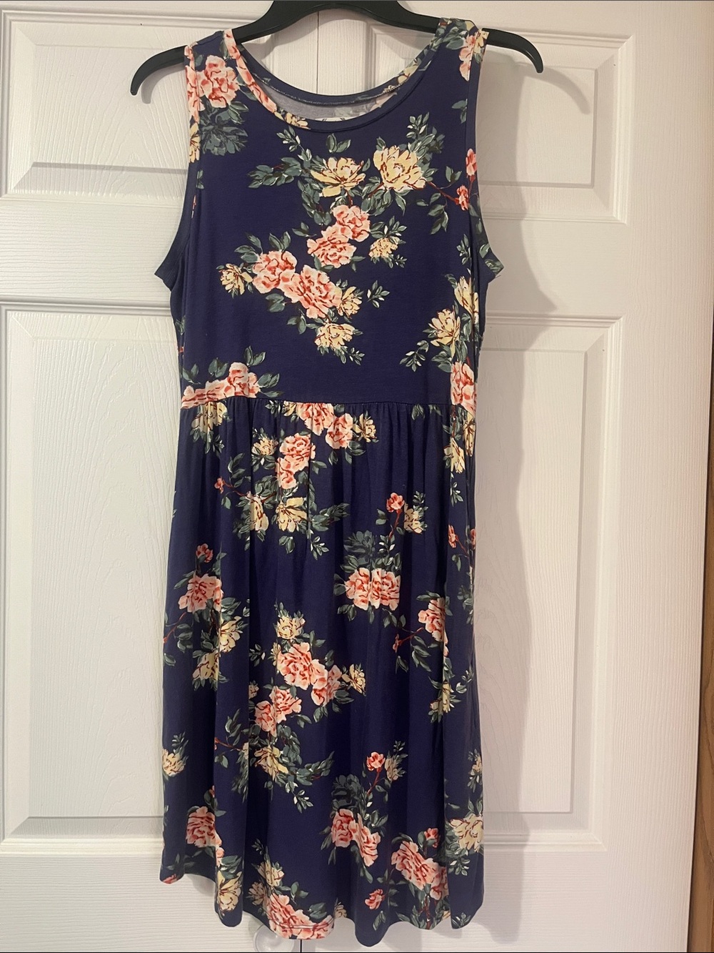 Sleeveless Navy Floral Midi Dress with Pink and Cream Blooms